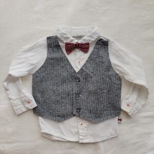 Dapper Dude Baby Boy Faux Vest Shirt Bow Tie Herringbone White Gray 12M D84515RO